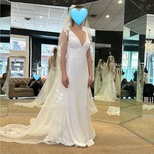 Mikaella Bridal Ivory V-Neck Sheath Wedding Dress with Chapel Veil